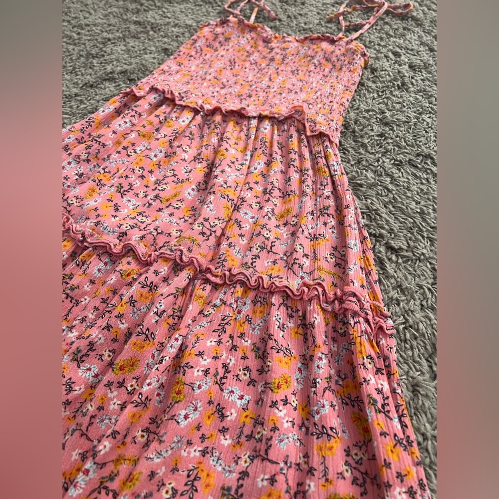 Wild Fable Pink and Orange Micro Floral Tiered Mini Sundress W/ Smock Detail. S. - Picture 2 of 12
